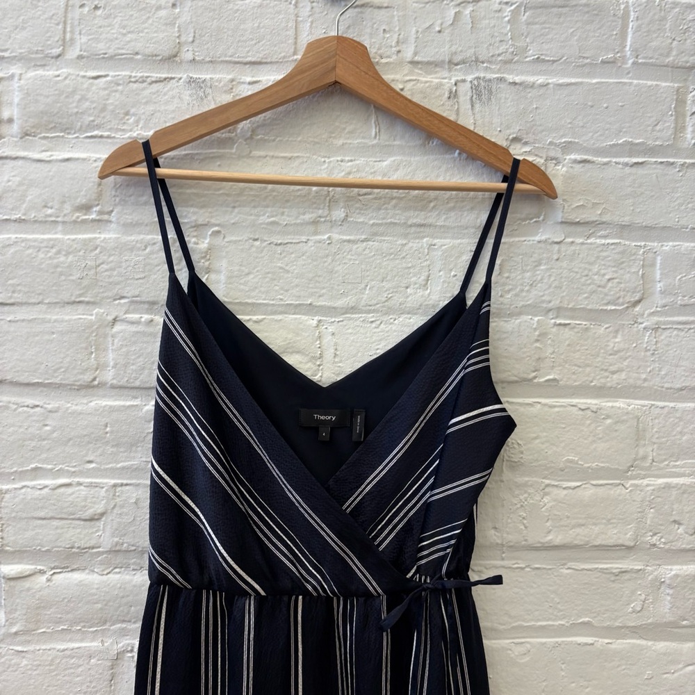 Theory || Hammered Silk Stripe Spaghetti Wrap Dress Midi Navy 4 - Picture 3 of 6
